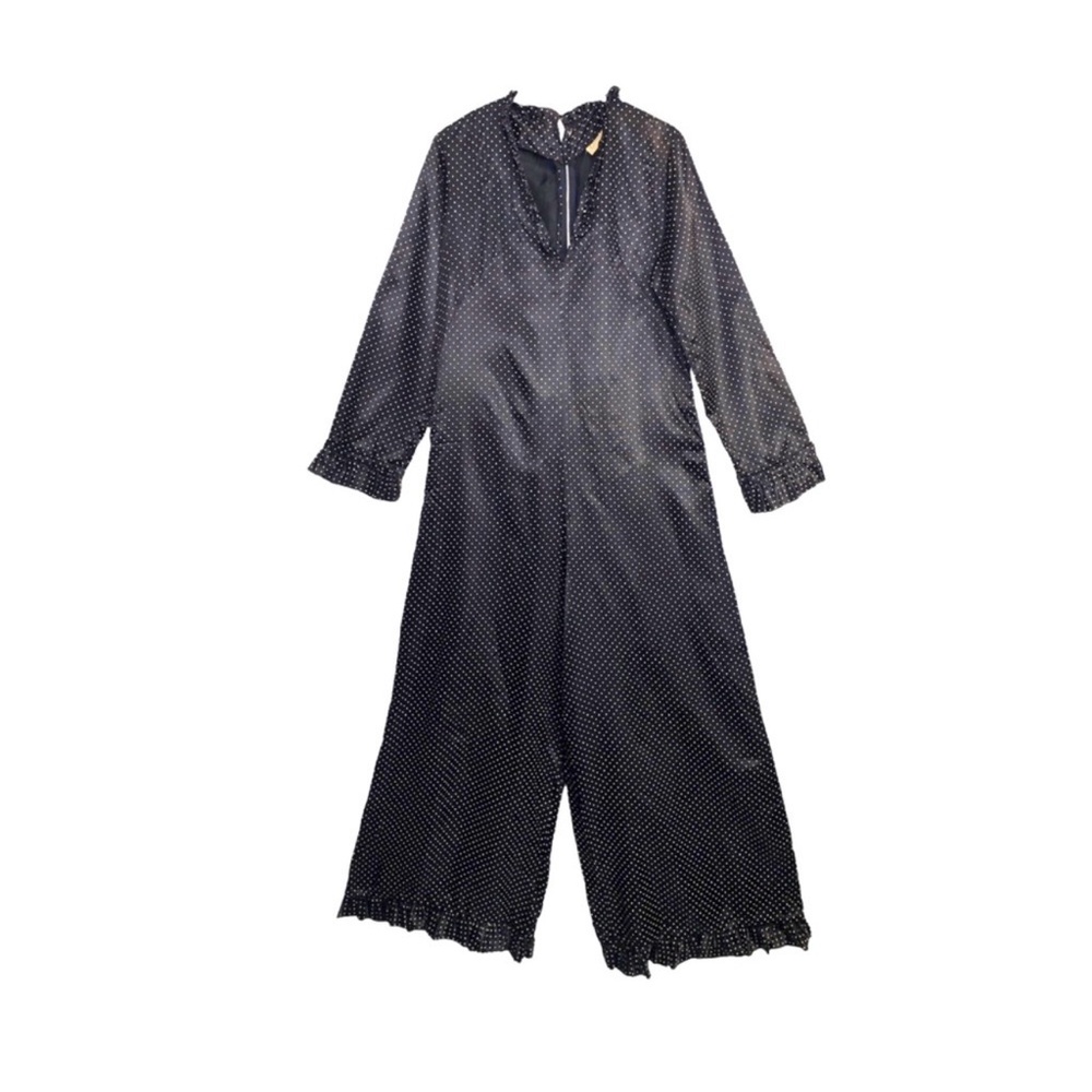 Vintage 70s Jumpsuit Satin Polka Dot Wide Leg Ruffle Detail Black Sheen M/L